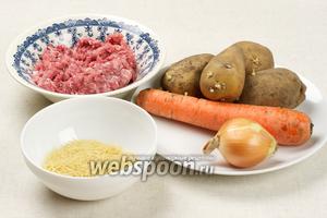 Основные продукты для приготовления супа с фрикадельками: фарш, картофель, морковь, лук, вермишель и специи.