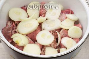 Сверху выложить слой лука — уложить слоями всё мясо с луком, каждый слой мяса присыпая перцем и солью.