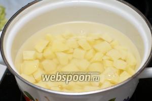 Залить картофель холодной водой, добавить щепотку соли и варить до готовности 10-15 минут с момента закипания. Важно картофель не переварить, чтобы он не потерял форму и не превратился в пюре.