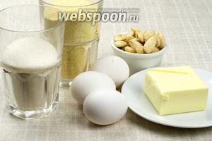 Для приготовления пирога возьмём кукурузную муку, сахар, миндаль, мягкое сливочное масло, яйца.