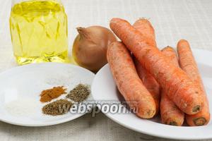 Для приготовления моркови по-корейски возьмём растительное масло, чеснок, репчатый лук, специи: соль, сахар, молотый кориандр, красный и чёрный молотый перец.