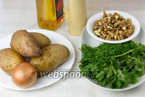 Для такого салата возьмите: картофель, репчатый лук, очищенные грецкие орехи, свежую кинзу и укроп (можно заменить другой зеленью), зубчик чеснока, яблочный уксус, чёрный молотый перец, оливковое масло, соль.