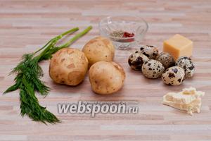 Для картофельной закуски нам потребуется: 3 средних картошки, 6 перепелиных яиц, 50 граммов твердого сыра, немного сливочного масла, соль, перец, орегано, паприка и несколько веточек укропа.