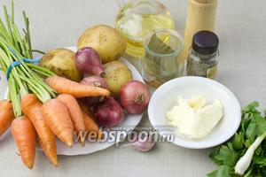Для такого супа понадобятся такие ингредиенты: морковь, картофель, лук, чеснок, масло сливочное, зелень, молотая корица, сушёный или свежий тимьян.
