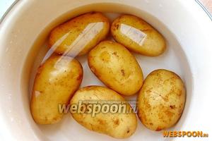 Картофель тщательно вымыть, залить горячей подсоленной водой и отварить до мягкости, а затем воду слить, картофель слегка обсушить на огне и остудить.