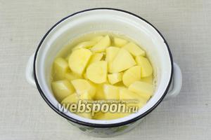 Картофель очистить, нарезать средними дольками и уложить в кастрюлю. Залить водой, посолить и варить до готовности приблизительно 20-30 минут.