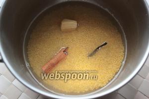 Крупу промойте и залейте водой.
Добавьте в кастрюлю с крупой щепотку соли, корицу, ваниль и имбирь.
Доведите до кипения, убавьте огонь до минимума, закройте крышку и дайте каше повариться минут 15-20, она получитсяи пышная и рассыпчатая. Добавьте сливочное масло.