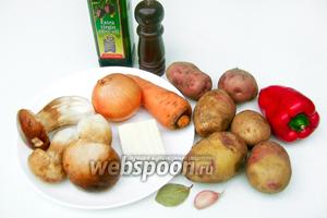 Для приготовления супа нам понадобится: картофель, белые грибы, сладкий перец, морковь, репчатый лук, плавленый сыр, чеснок, лавровый лист, оливковое масло, свежая петрушка, свежий укроп, вода, соль и чёрный молотый перец.