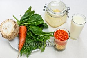 Для приготовления супа понадобится чечевица, любое масло для обжарки овощей (я использую топлёное ), сыворотка, морковь, сельдерей, зелень, соль, сахар, вода и специи.