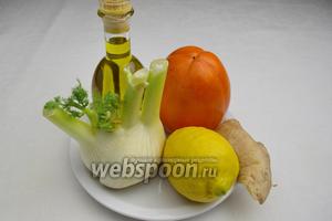Для приготовления этого салата необходимо взять плотные большого размера плоды хурмы, фенхель, корень имбиря, сок лимона, оливковое масло, соль, перец.