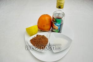 Чтобы приготовить десерт, нужно взять хурму сорта шарон, сахар, сироп кленовый, какао порошок, сок лимонный.