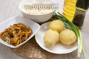 Подготовить продукты: отварной очищенный картофель, маринованные опята (без жидкости), зелёный лук, растительное масло, перец чёрный, квашеную капусту.