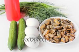 Для приготовления этого вкусного салата нам понадобится зелёный лук и укроп, варено-мороженные мидии, заранее отваренные куриные яйца, свежие огурцы, майонез, соль.