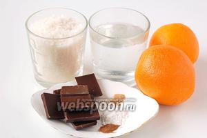 Для приготовления оранжет нам понадобится сахар, вода, апельсины, шоколад чёрный, корица, ванильный сахар, мускатный орех.