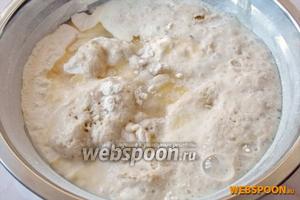В просеянную муку добавляем молоко с дрожжами, 1 щепотку соли и ещё 2-3 столовые ложки сахара, 10 г ванильного сахара. А также 40 г растопленного сливочного масла и 40 мл подсолнечное рафинированное масло.