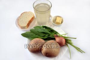 Приготовим для супа следующие ингредиенты: куриный бульон, картофель (количество зависит от размера), лук, листья шпината и щавеля в равных пропорциях (маленькие пучки), а также кусочек сливочного масла.