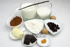 Для приготовления десерта взять сахар, муку, молоко, какао порошок, стручок ванили, масло сливочное, грецкие орехи, корицу, шоколад для украшения.