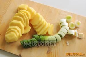 Очистим картофель и нарежем шайбами шириной около 3-5 мм. Лук очистим от затвердения и нарежем так же шайбами шириной 1 см.