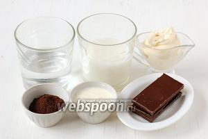 Для приготовления бичерина нам понадобится вода, молоко, кофе свежемолотый, сливки 20%, сливки 40%, чёрный шоколад.