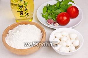 Для приготовления закуски понадобится сыр моцарелла (мини), базилик зелёный, мука, соль, оливковое масло, рафинированное масло для жарки, вода, чеснок и помидоры.