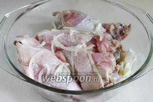 Мясо залить яблочным уксусом, разбавленным наполовину водой, добавить нарезанный лук и соль. Хорошо перемешать и оставить для маринования на 3 часа (можно на ночь).