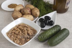 Подготовить основные продукты: картофель, огурцы, тунец консервированный, масло, горчицу, маслины.