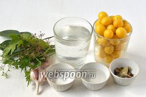 Для приготовления маринованной алычи нам понадобится алыча, вода, соль, уксус, лавровый лист, душистый перец, черный перец горошком, петрушка, веточки сельдерея, чеснок, листья вишни.