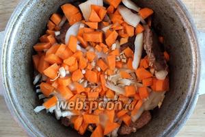 Налейте на дно казана оставшееся масло, выложите обжаренные кусочки мяса, посолите поперчите, добавьте морковь и корешки.