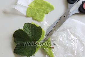 Для украшения раскатаем сново марципан между 2-мя слоями плёнки. Накладываем листик смородины и вырезаем. Таким образом вырезаем 3 листка.