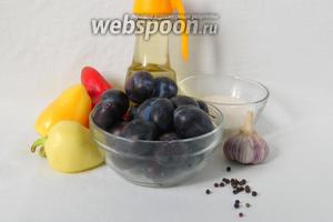 Для приготовления сливового соуса возьмём сливы, перец сладкий, чеснок, масло подсолнечное, уксус, перец чёрный горошком, сахар, соль.