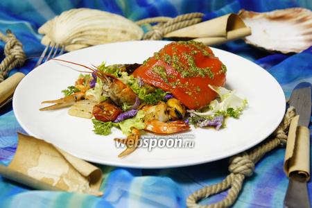 Фото рецепта Тёплый салат с морепродуктами «Морской отшельник»
