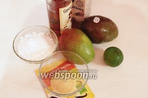 Для крема: ром, сливки 35%, желатин (замочить холодной водой), лайм, ваниль, сахарная пудра, 300 г пюре из манго (это примерно из 1,5 шт.).