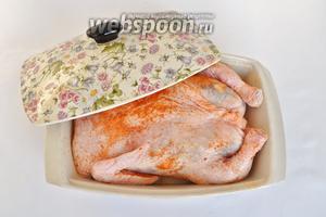 Натираем курицу солью и приправой для курицы. В форму, смазанную маслом влить 50 мл вина и столько же воды. Закрыть крышкой и поставить в разогретую до 220ºC духовку на 30 минут. Потом крышку снять и запекать ещё 40 минут при 200ºC. При необходимости закрывать курицу фольгой и смазывать жидкостью, которая вытапливается из курицы.