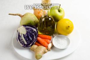 Чтобы приготовить салат, необходимо взять арбузный редис, краснокочанную капусту, яблоко, лук, соль, лимон, морковь (обычной 1 шт, у меня мини — 4 шт.), для заправки: масло оливковое, сок лимона, свежий корень имбиря, чеснок, перец, соль.