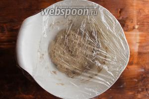 Закройте миску пищевой плёнкой и укройте толстым кухонным полотенцем. Оставьте тесто для расстойки в комнате на 12-15 часов.