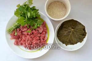 Для приготовления нам понадобится: фарм мясной, петрушка, укроп, лук репчатый, рис, виноградные листья, соль, перец, соус виноградный, если у вас нет то подойдёт лимонный сок, томатная паста, мята.