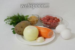 Для приготовления кебаба из мясного фарша и картофеля возьмём фарш говяжий, отварной картофель, лук, морковь, чеснок, яйца, чеснок, панировочные сухари, петрушку, укроп, приправы и специи по вкусу, масло подсолнечное для жарки.
