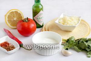 Для приготовления кукурузных чипсов и соуса сальса возьмём лепёшки тортилья из кукурузной муки, тёртый сыр (лучше чеддер), перец чили, помидоры, лимонный сок, коричневый сахар, чеснок, соус табаско зелёный или красный, сметану 10% и соль по вкусу.