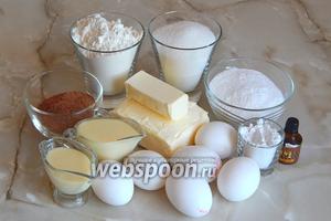 Необходимые для приготовления пирожного Картошка по ГОСТу продукты: мука пшеничная, сахар, сахарная пудра, крахмал, ромовая эссенция, яйца куриные, масло сливочное, молоко сгущённое, какао-порошок.