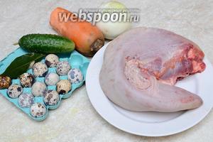 Для того чтобы приготовить заливное с говяжьим языком вам понадобится лук репчатый, лавровый лист, соль, желатин, яйца перепелиные, огурцы, язык говяжий и морковь.