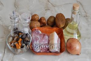 Бабку по-белорусски со свининой и грибами мы будем готовить из картофеля, мякоти свинины, сала солёного или свежего (у меня с небольшим вкраплением мяса), репчатого лука (у меня одна очень крупная луковица), грибов лесных (я использовала отварные замороженные — микс: боровики, подберезовики, подосиновики, маслята и лисички), соли, перца чёрного молотого и подсолнечного масла для смазывания горшочков.