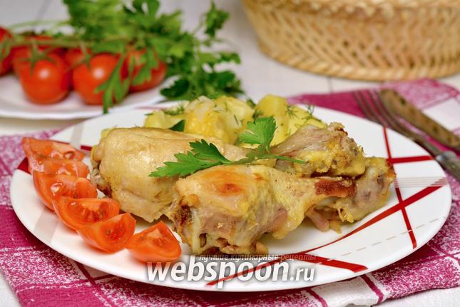 Фото Запеченные куриные голени с картофелем и сыром на пару в мультиварке