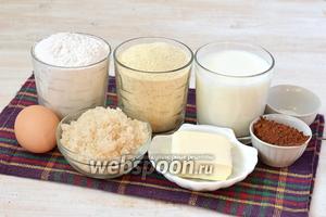 Для приготовления пирога нам понадобится сахар, манка, мука, молоко, яйца, сливочное масло, какао, разрыхлитель.