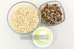 Для приготовления нам понадобятся: рис басмати (у меня уже отваренный, коричневый), шампиньоны (у меня обжаренные, замороженные), лук, масло подсолнечное.