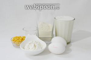 Для приготовления мексиканских кукурузных оладьий возьмём муку кукурузную, муку пшеничную, разрыхлитель, соль, яйца, кукурузу консервированную, кефир нежирный, масло для жарки.
