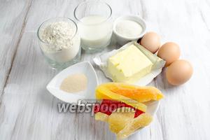 Чтобы приготовить бублики, нужно взять муку, молоко, дрожжи, сахар, яйца, сливочное масло, соль, цукаты(имбирные, дыня, папайя), топлёное масло для помазки перед выпечкой.