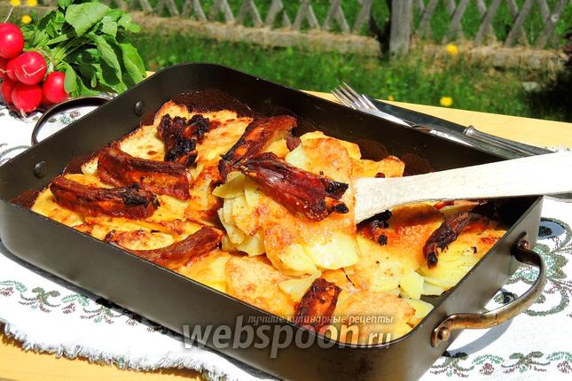 Фото Картофельный гратен с рёбрышками и беконом
