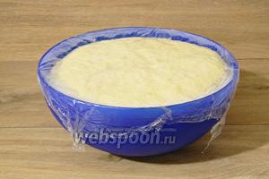 Тесто выкладываем в глубокую миску, накрываем пищевой плёнкой и оставляем в тепле на 2 часа. За это время оно сильно увеличится в объёме.