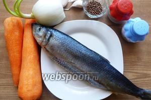 Необходимый набор продуктов состоит из свежемороженной сельди, пары морковок, луковицы, трех зубчиков чеснока, кориандра соли, перца, сахара, уксуса и растительного масла.