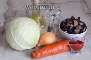 Готовить будем из таких продуктов: капуста белокочанная, морковь, лук репчатый, грибы лесные (отваренные и замороженные) — микс из боровиков, подберёзовиков, подосиновиков, маслят и лисичек, томатный соус, масло растительное, соль, перец чёрный молотый.
